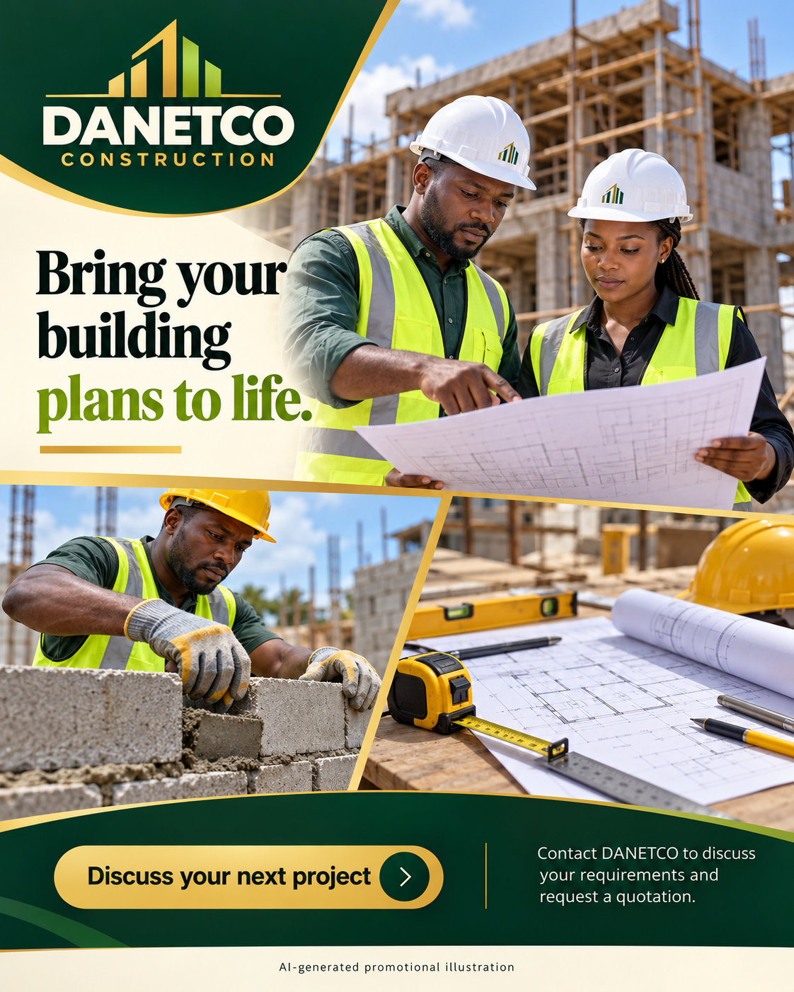 A multi-image construction flyer featuring illustrative planning, masonry and building tools. Bring your building plans to life.