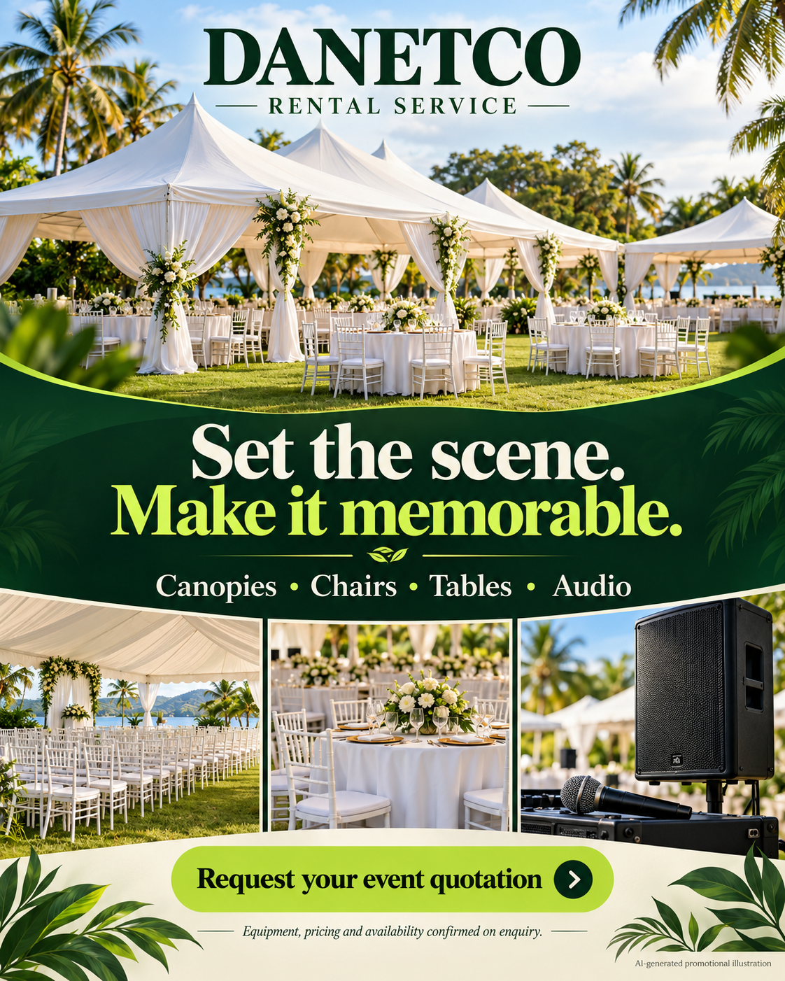 Canopies, chairs, tables and audio — a multi-image event rental flyer. Set the scene. Make it memorable.