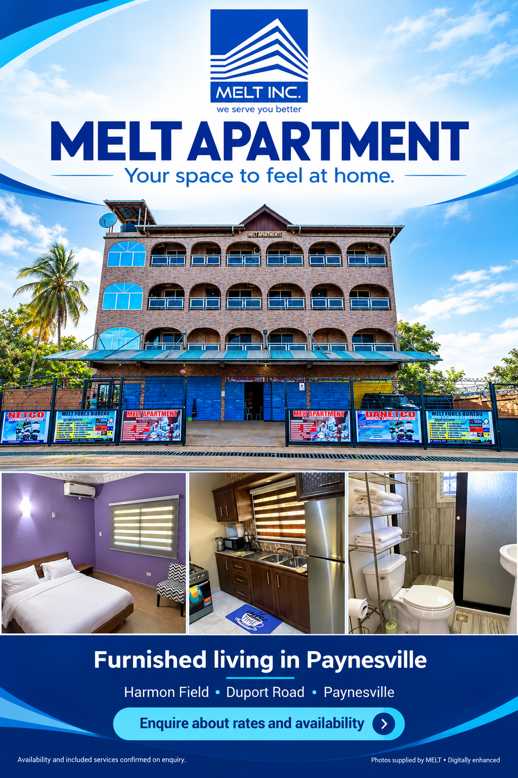 Residential apartment flyer featuring digitally enhanced supplied exterior, bedroom, kitchen and bathroom photos. Your space to feel at home.