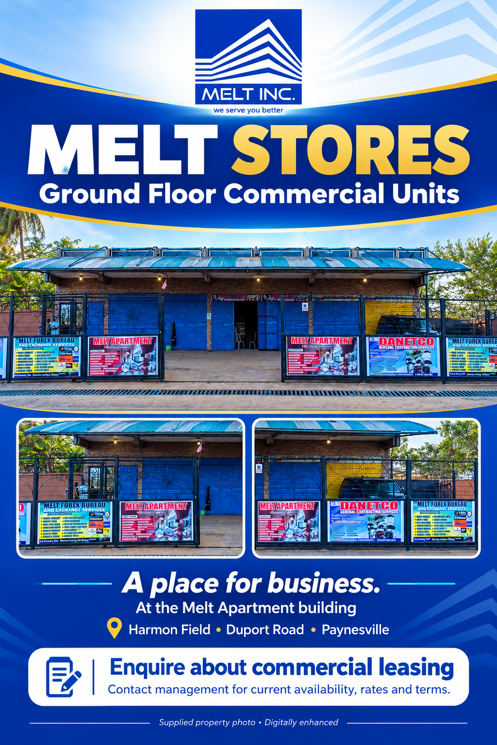 A closer look at the ground-floor commercial storefronts using enhanced supplied property imagery. A place for business.