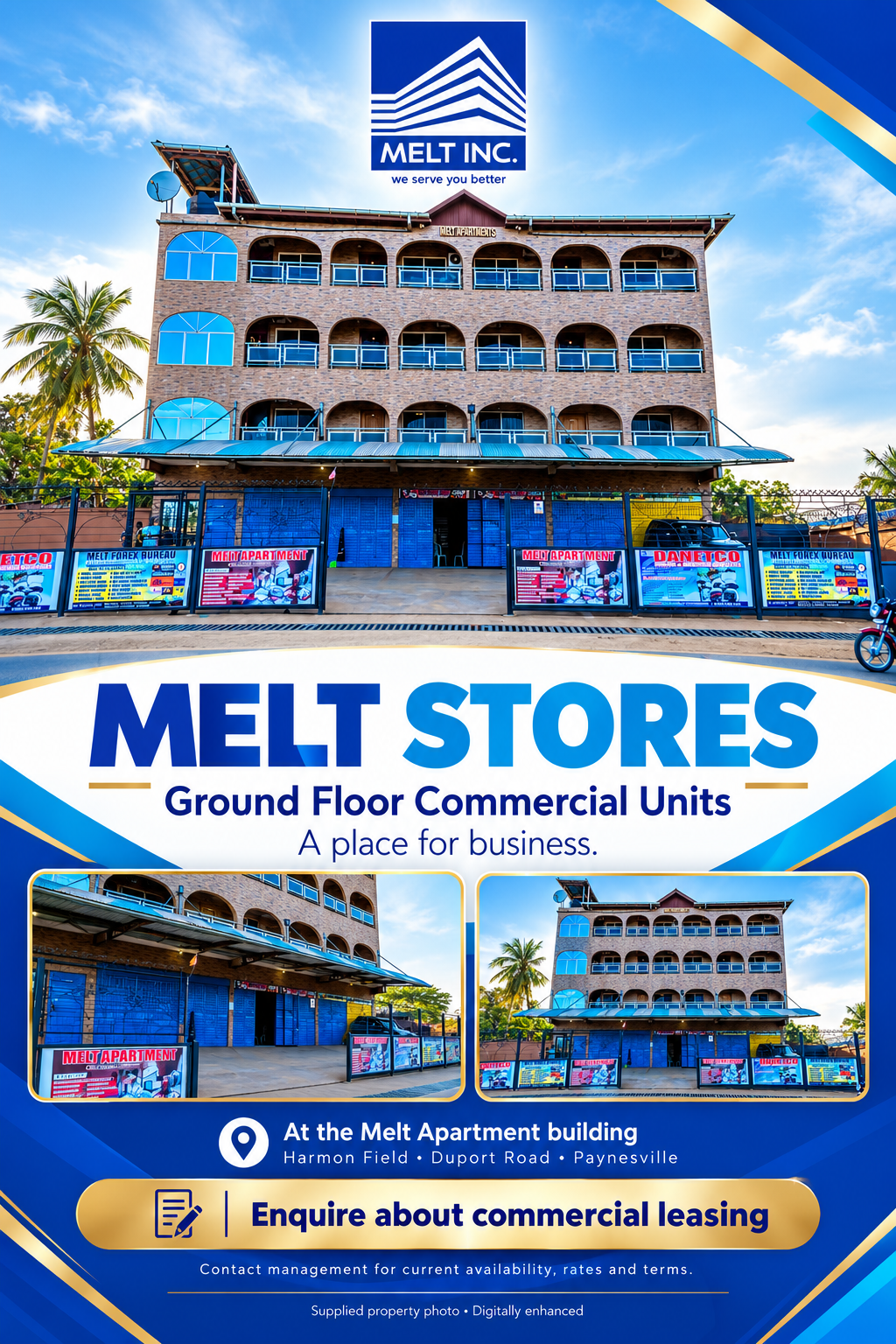 Commercial stores at the Melt Apartment building, illustrated with enhanced supplied property imagery. A place for business.